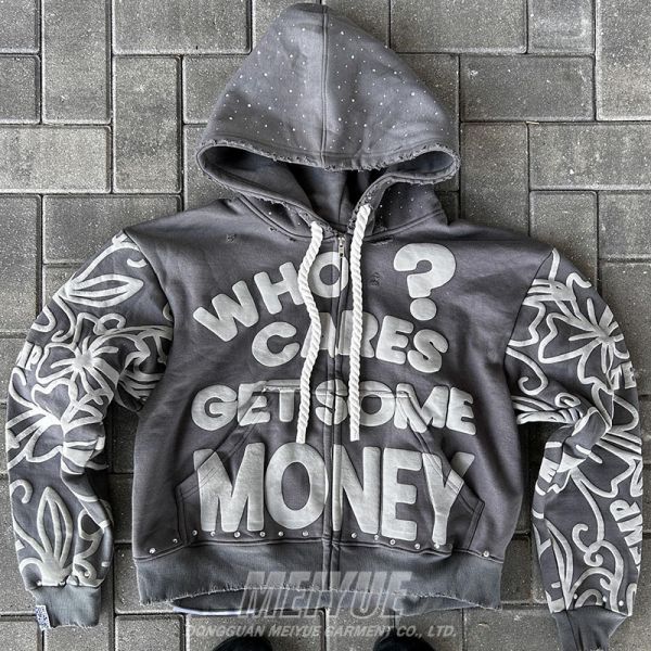 Camisetas con cremallera personalizadas de huellas de oro con capucha Acid Wash Grey Vintage Puff Print Camiseta con capucha de peso pesado con caída de hombro Camisetas con capucha y sudaderas para hombres