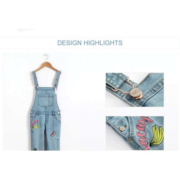 Embroidered Suspender Little Girl Denim Overalls Slim Fit Color Fade Proof