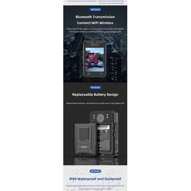 4G 2K HD Body Worn Camera Dual Cameras Support Wifi&Bluetooth and GPS with 2.8'' Touch Screen IP68 Waterproof Recorder Cameras