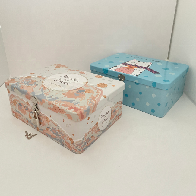 Lock Key Square Tin Box Rectangle Tinplate Cans Tin Container for Food Gift Cookie Craft Cosmetic