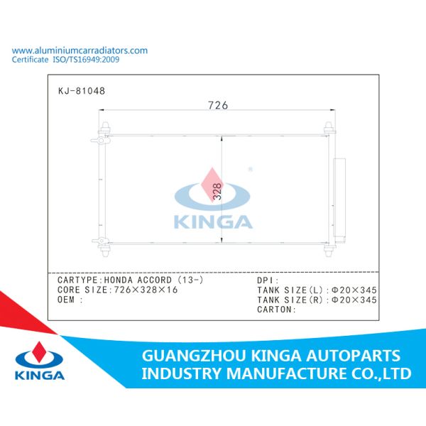 Aluminum Honda Accord Condenser / Heat Transfer Condenser thickness 16mm