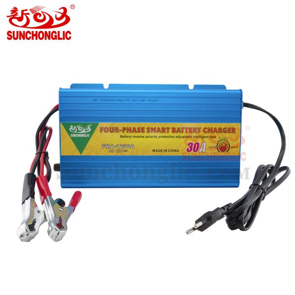 Smart 12V 30A Battery Charger with Four-Step Charging Process, Lightweight and Portable for AGM, GEL, and Lead-Acid Batteries