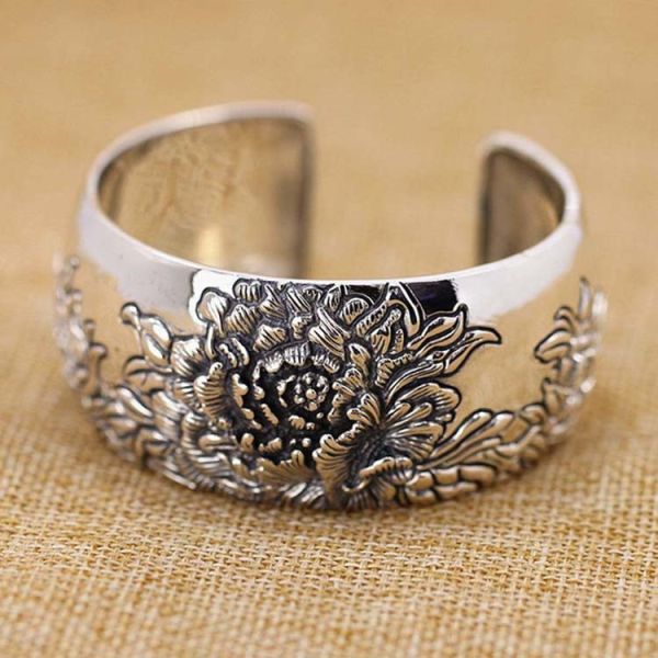Retro Vintage 925 Sterling Silver Wide Cuff Bracelet Engraved Flower (XH042025)