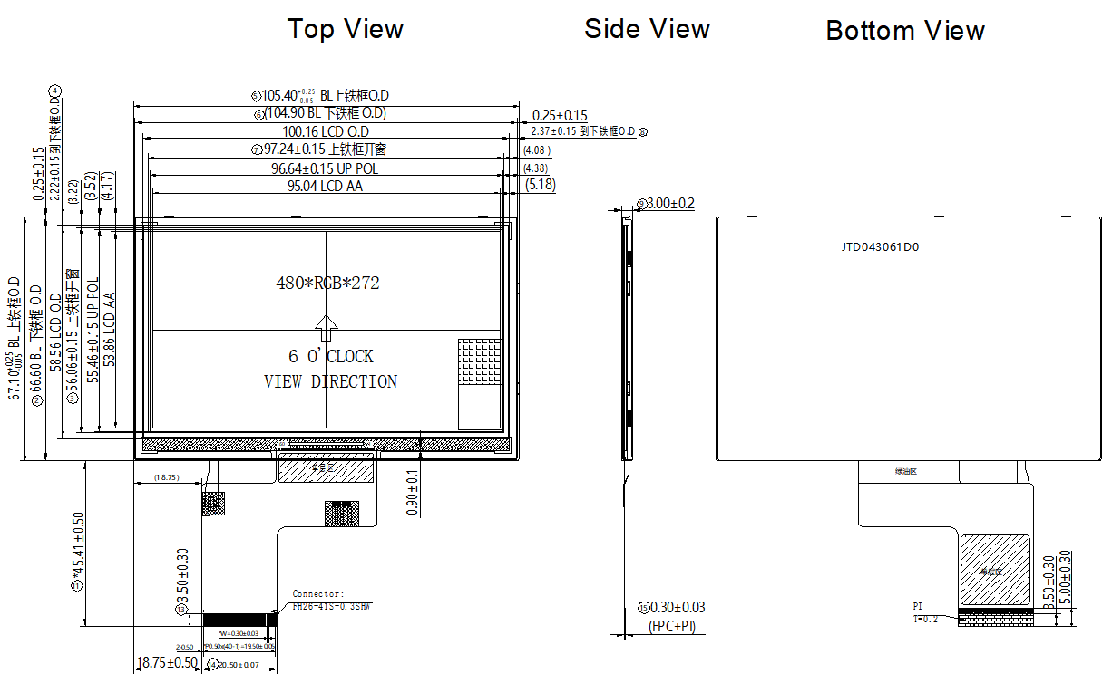High Brightness TN TFT Industrial LCD Display 4.3 Inch 480x272 Pixels Resolution
