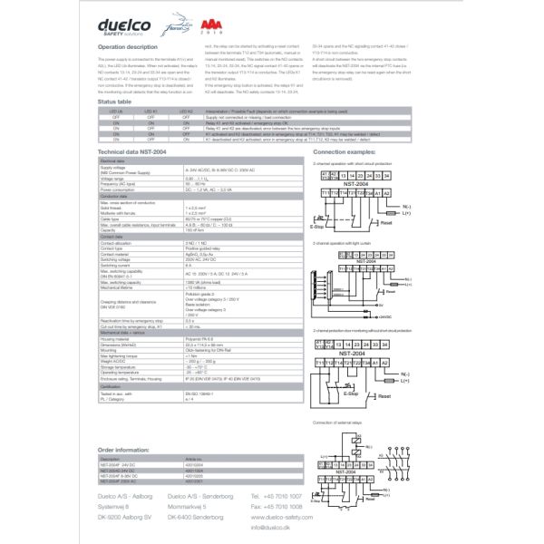 DUELCO - NST-2004D РЕЛЕ АВАРИЙНОЙ ОСТАНОВКИ 24В пост. тока, 50/60Гц, 3 НО, IP20