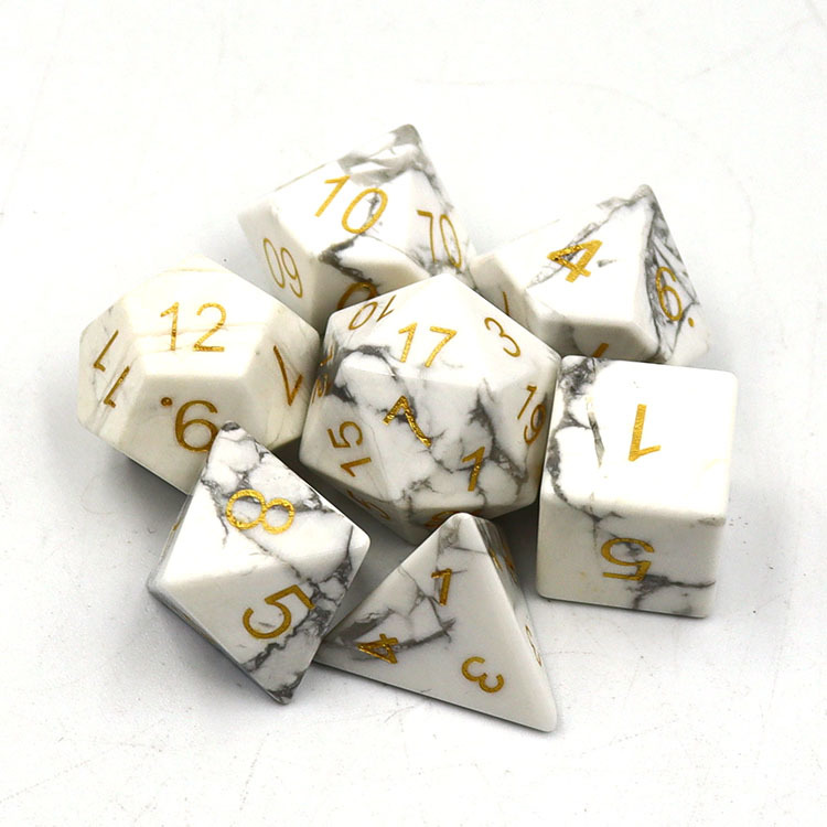 Natural Howlite Gemstone Polyhedral Dice Set - Hand Carved DND Dice with Golden Ink Engraved Numbers