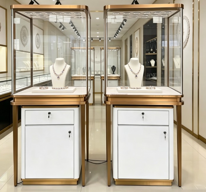 Custom Glass Jewellery Display Table Showcase Rectangle Painted White Wood Jewelry Display Counter for Jewelry Shop