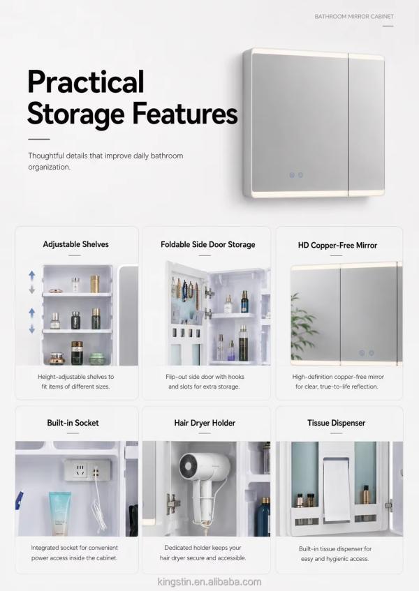 Kingstin Luxury ABS LED Mirror Cabinet with Defogger, Smart Storage and 3 Color Lighting for Projects