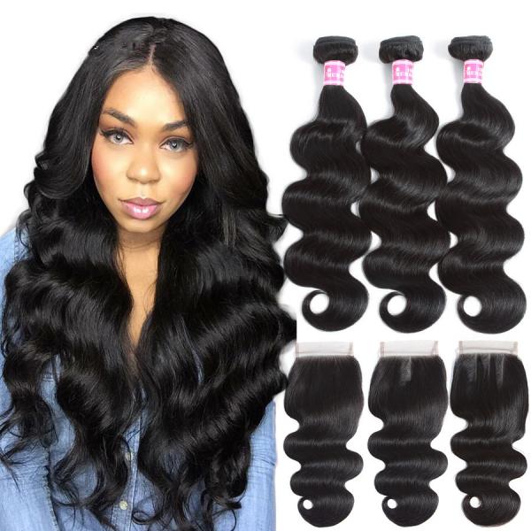 Double Weft Virgin Cambodian Hair Extensions Body Wave Bundles 3 With Closure