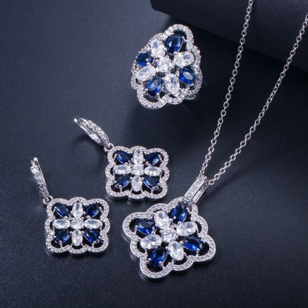 White Gold Color Luxury Bridal CZ Crystal Necklace and Earring Sets Big Wedding Jewelry Sets For Brides
