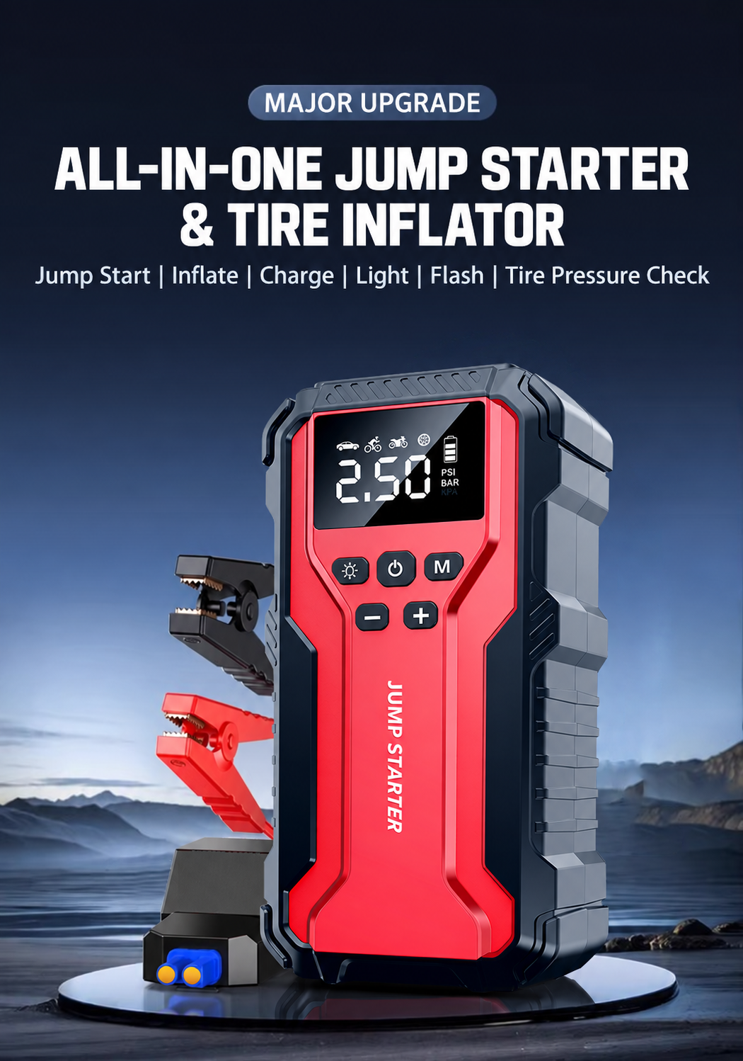 8000mAh 2000A Digital Car Jump Starter and Tire Inflator