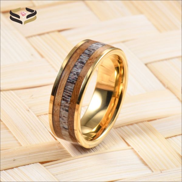 Wedding Whiskey Barrel Wood Antler Ring Inlay Gold Custom Tungsten Carbide Rings Men