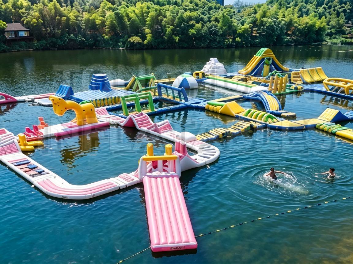Custom Modular Inflatable Water Park with Colorful Slides Climbing Walls Balance Bridges and Floating Activity Zones for Lakes Resorts Camps and Commercial Projects