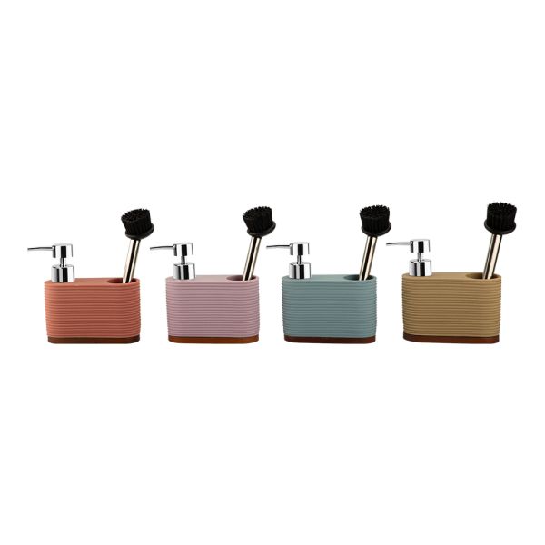 2N1 Sand Stone Kitchen Soap Dispenser With S/S Brush And Chrome ABS Pump Hand Painted Base And Body With Fine Circle
