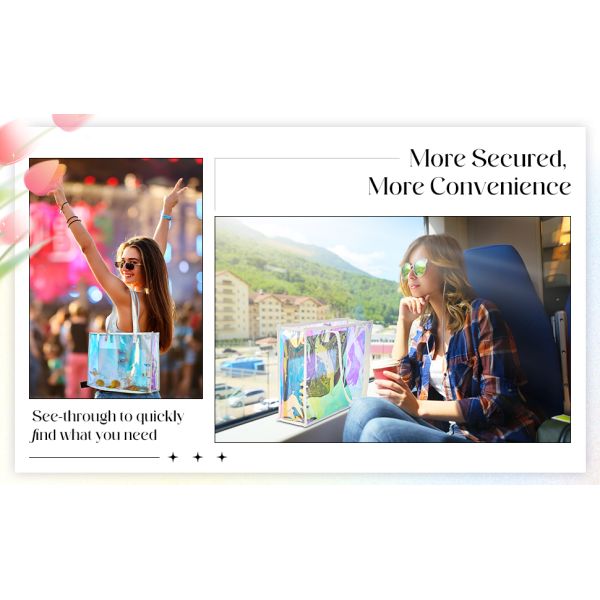 sustainable recyclable Holographic Clear Tote Bag With Leather Handle Iridescent Bachelorette Beach Bag For Work Stadium Travel