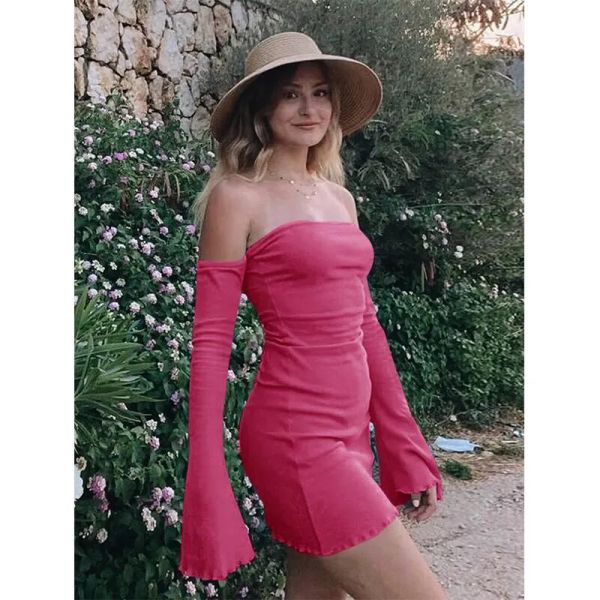                  Sexy Dress Fashion Solid Color Elegant Flared Sleeve Mini Short Backless Knitted Tight Dress Women             