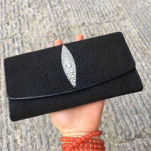 Unisex Authentic Stingray Skin Male Long Trifold Wallet Genuine Leather Women Men Large Clutch Purse Lady Money Bag