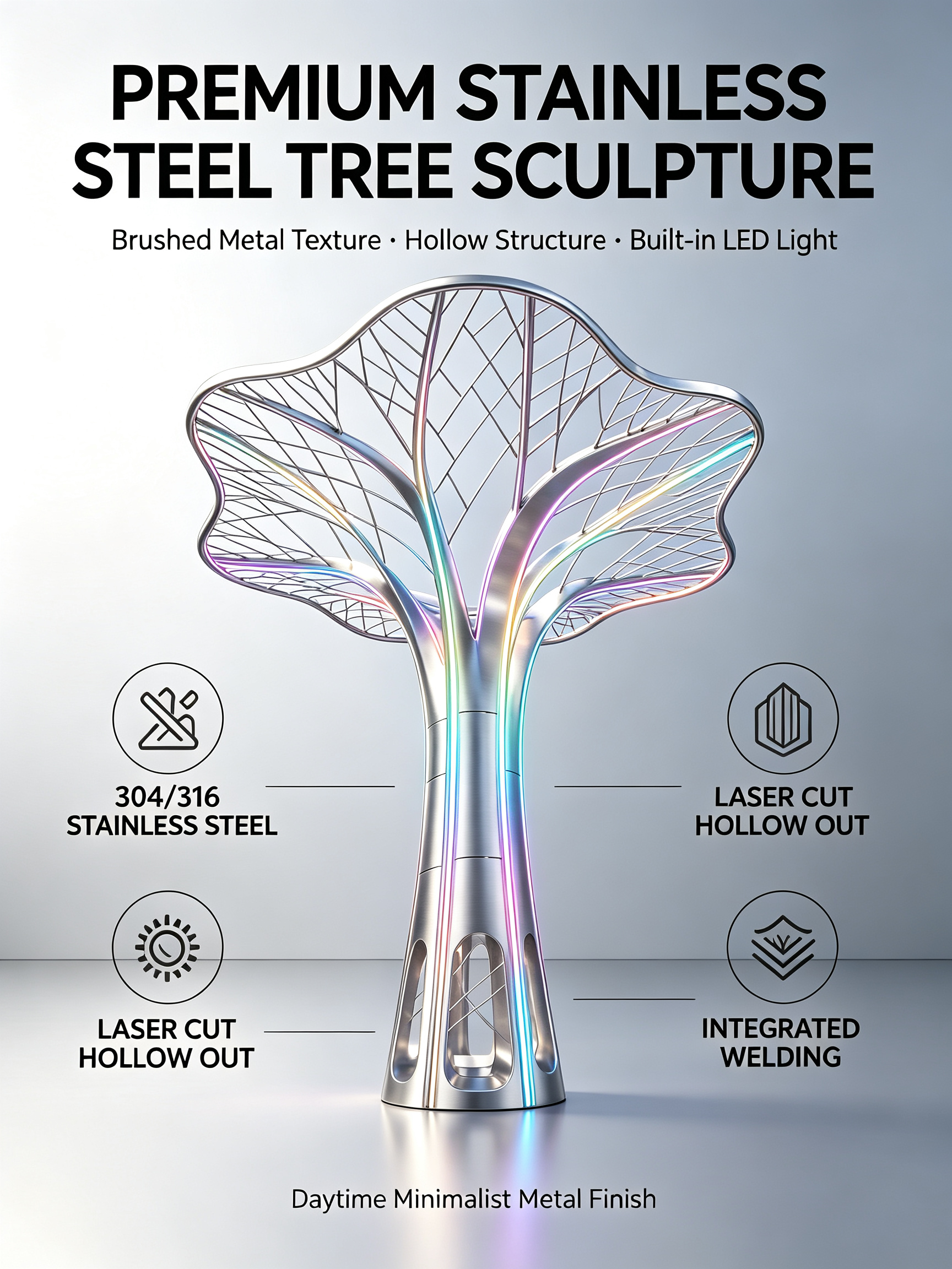 Customizable Waterproof RGB DMX 512 LED Light Tree Sculpture in Stainless Steel