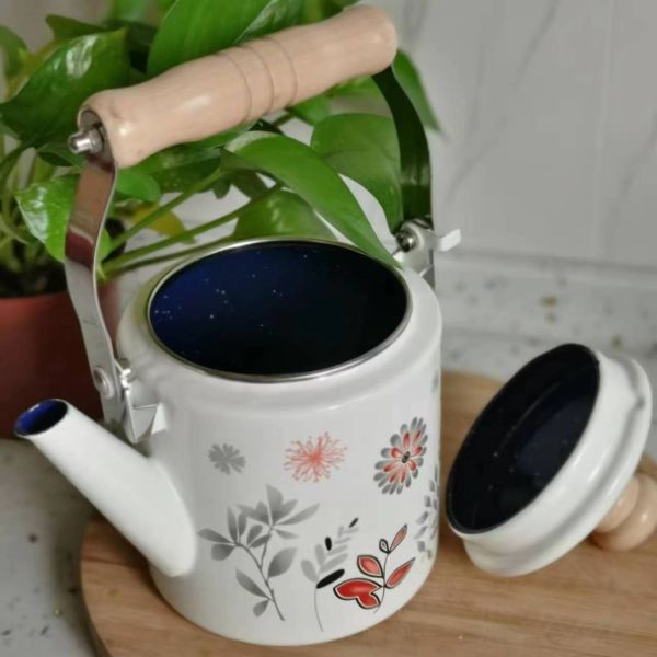 Flower Theme Enamel Tea Kettle On Steel With Wood Handle And 201 Stainless Steel Rim