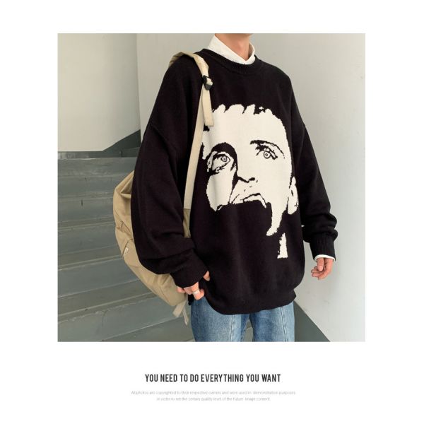 Standard Wool Autumn Pullover Men's Sweater Custom Jacquard Cartoon Pattern Knitted