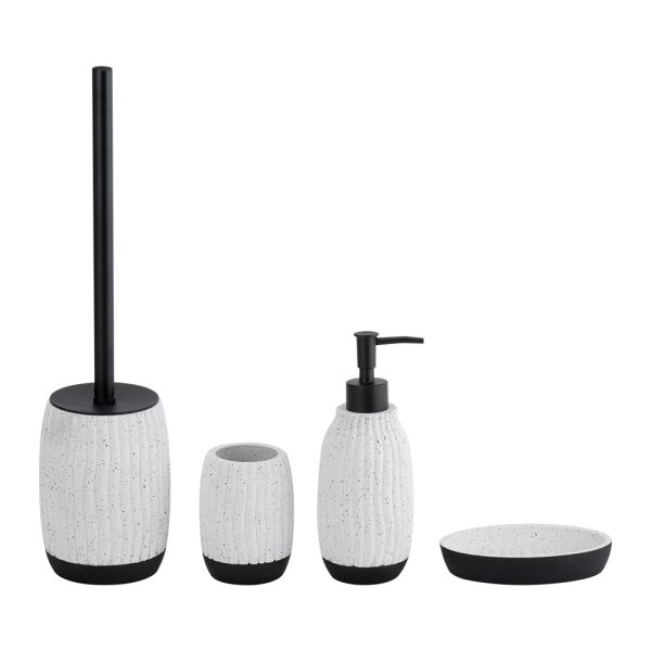 Accesorios de baño de cemento en blanco con letra negra y franja vertical con nervaduras dispensador de jabón para manos bomba limpiador de cepillos de baño