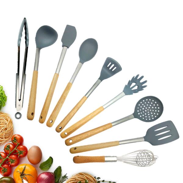 Nonstick Silicone Kitchen Utensils Set Hard Wood Handle Turner Tongs Spatula