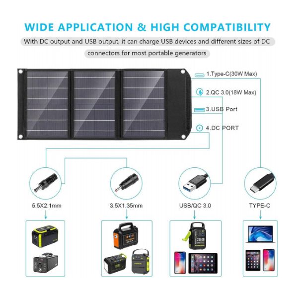 FTB30W 30w солнечная панель складное одеяло зарядное устройство для батарей с черным для наружного использования