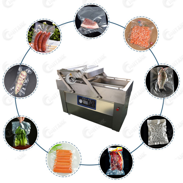 Реклама уплотнителя вакуума камеры риса сосиски овоща мяса еды двойная