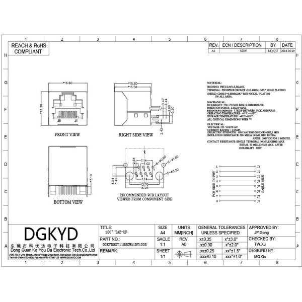 Интерфейс 52T DGKYD52T1188GWA1DY1008 RJ45 180 градусов в линии гнезде 8P8C сетевого порта отсутствие светлого защищая соединителя