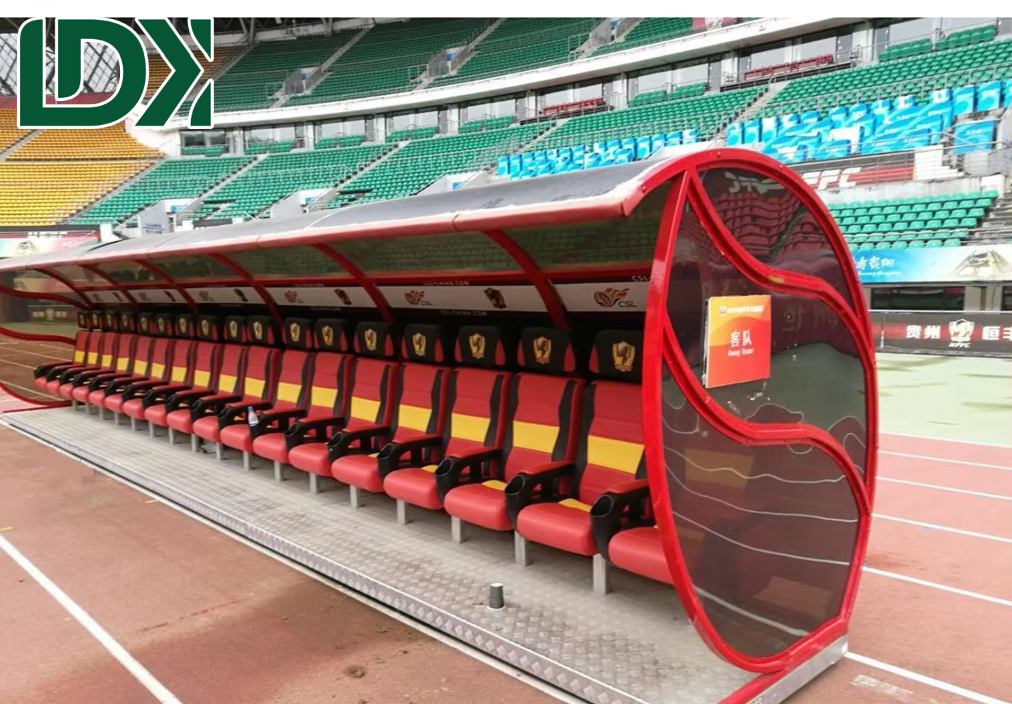 Asientos de banca de fútbol en colores personalizados, policarbonato resistente a los rayos UV, sillas de fútbol con aleación de aluminio