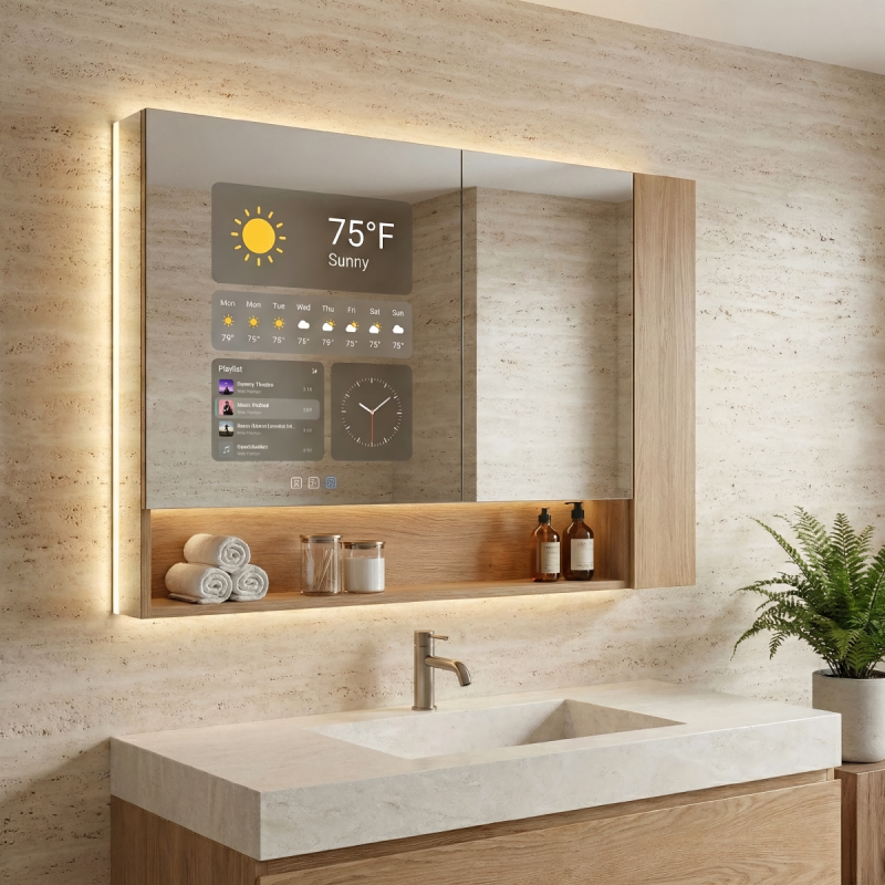 Kingstin Smart Solid Wood Mirror Cabinet Bathroom Storage TV Screen Android Touch LED Light Anti-Fog