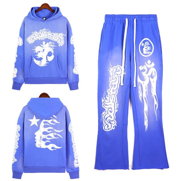 Custom Printing Tracksuit for Men 100% Cotton French Terry Hoodie and Flare Sweatpants Set