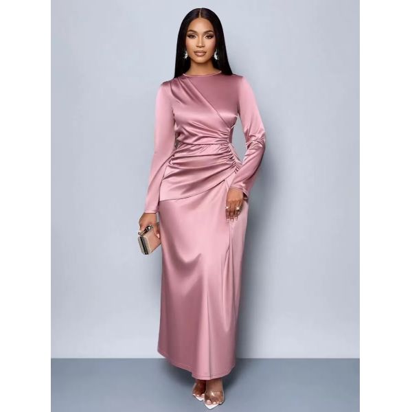 Elegant Evening Gown with Sleek Satin Finish, Flattering Fit & Gathered Waist, and High Slit Option for Weddings and Prom