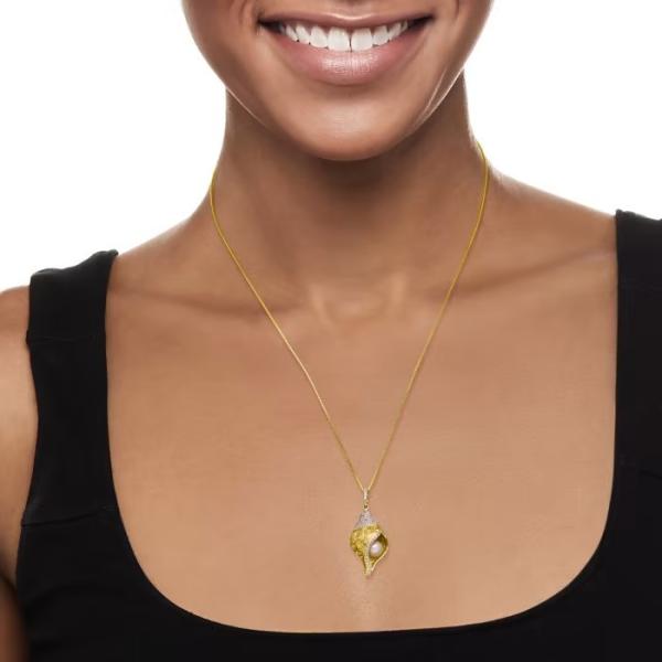 6mm Cultured Pearl White Topaz Seashell Pendant Necklace in 18kt Gold Over Sterling