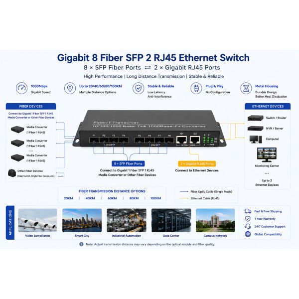 Unmanaged Gigabit Fiber Switch 8 SFP 2 RJ45 10/100/1000Mbps SFP To Copper Media Converter