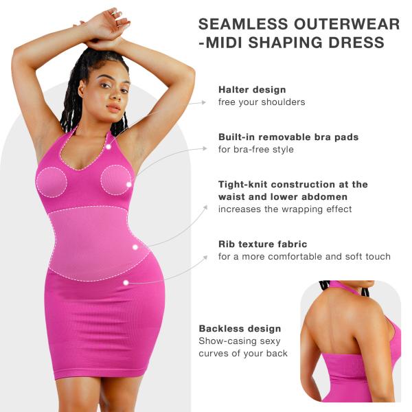 Pink Body Shaper Shapewear Seamless Halter Neck Deep U Outer Wear Dress for Women in Summer