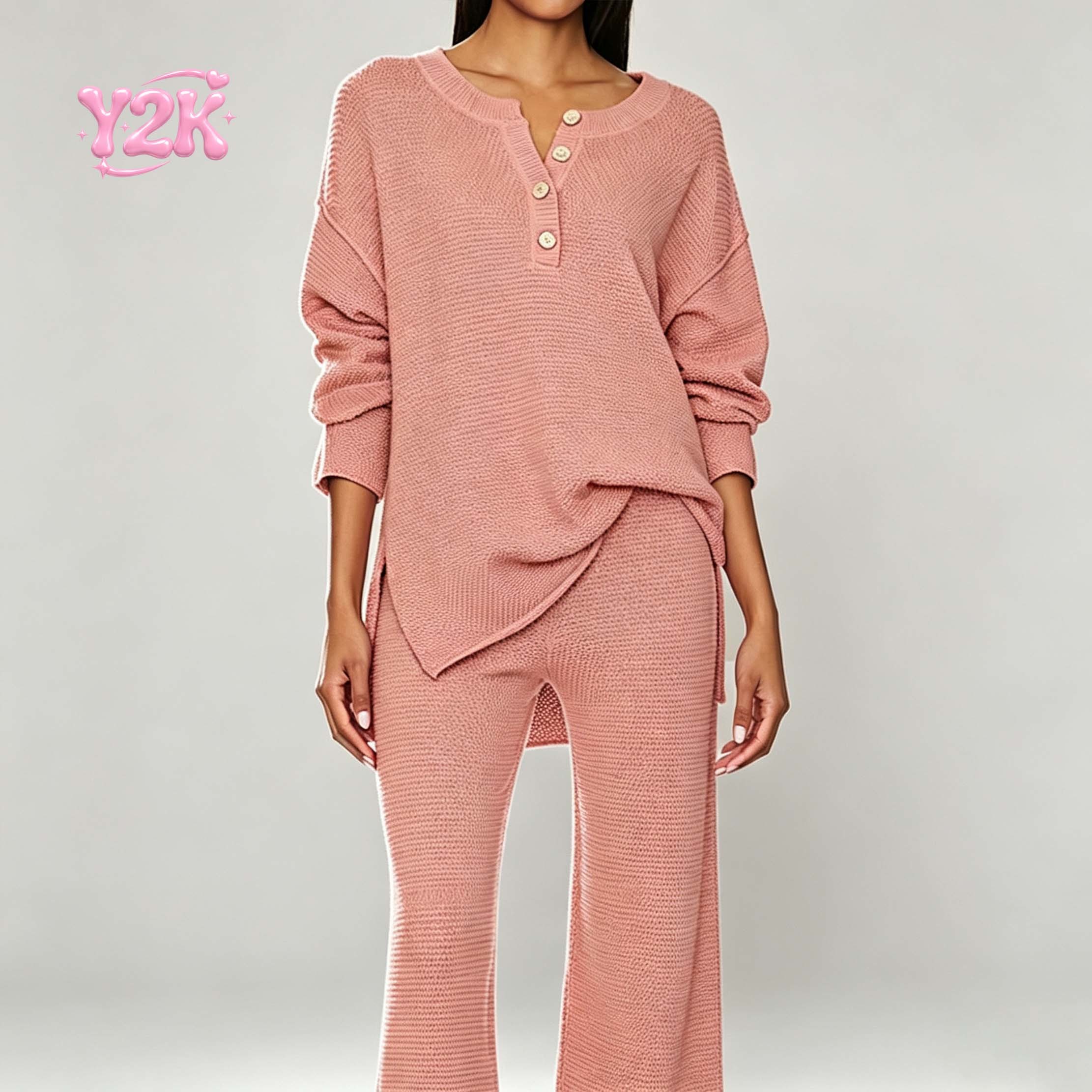Custom Women's Waffle Henley Top Cropped Wide Leg Pants Set