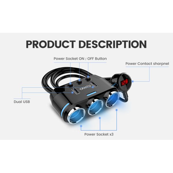 YANTU B39 12V 24V Car Cigarette Lighter Charging 3 in 1 Super Corded Heater Adapter Plug Dual USB Auto Electronics