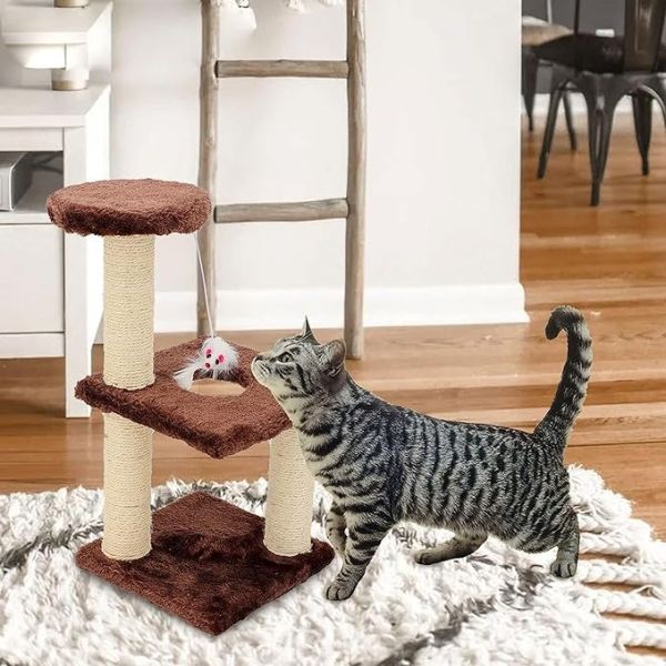 ODM Design Cat Furniture Beige Chipboard Climbing Tree with Sisal Column and Plush Hammock