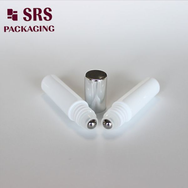 SRS empty cosmetic 5ml white plastic roller ball bottle with silver cap