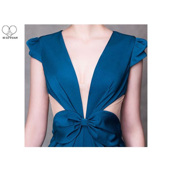 Cyan V Neck A Line Cocktail Dress High Slit Back Hollow Sexy Style With Bowknot