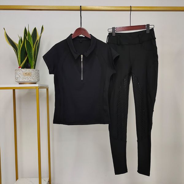 Black Lapel Half Zipper Horseback Riding Shirt Baselayer Equestrian Women