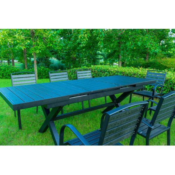 9 Pieces Black Plastic Wood Modern Outdoor Garden Furniture Table Set 8-10 Seater Extendable Patio Dining Table Chairs