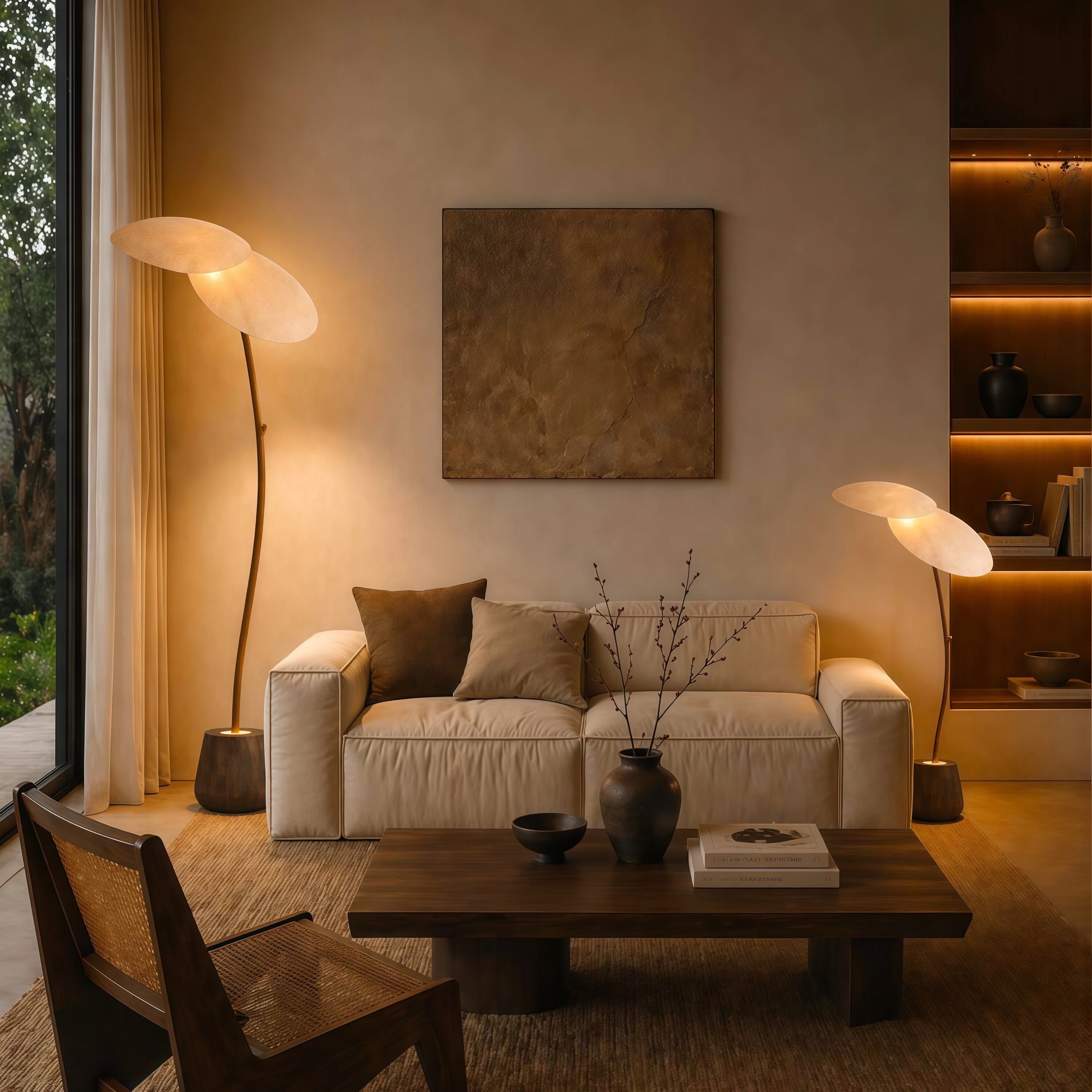 JYLIGHTING Wabi‑Sabi Curved Wood Fabric Shade Floor Lamp, Dual‑Shade Standing Ambient Light for Sofa Side, Villa and Upscale Residential Projects