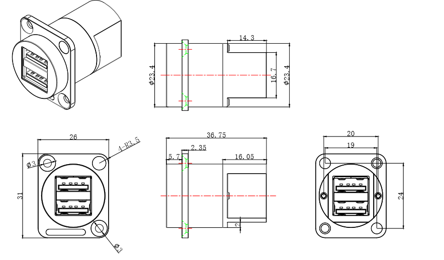 IP65 водонепроницаемая панель соединителя USB с двумя портами и 4 пинными кабелями
