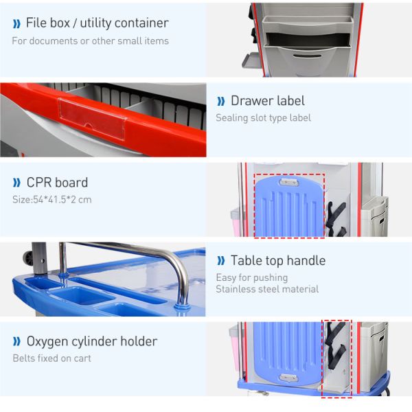 Carro médico del desplome del hospital ajustable con el tablero del top del plástico del ABS