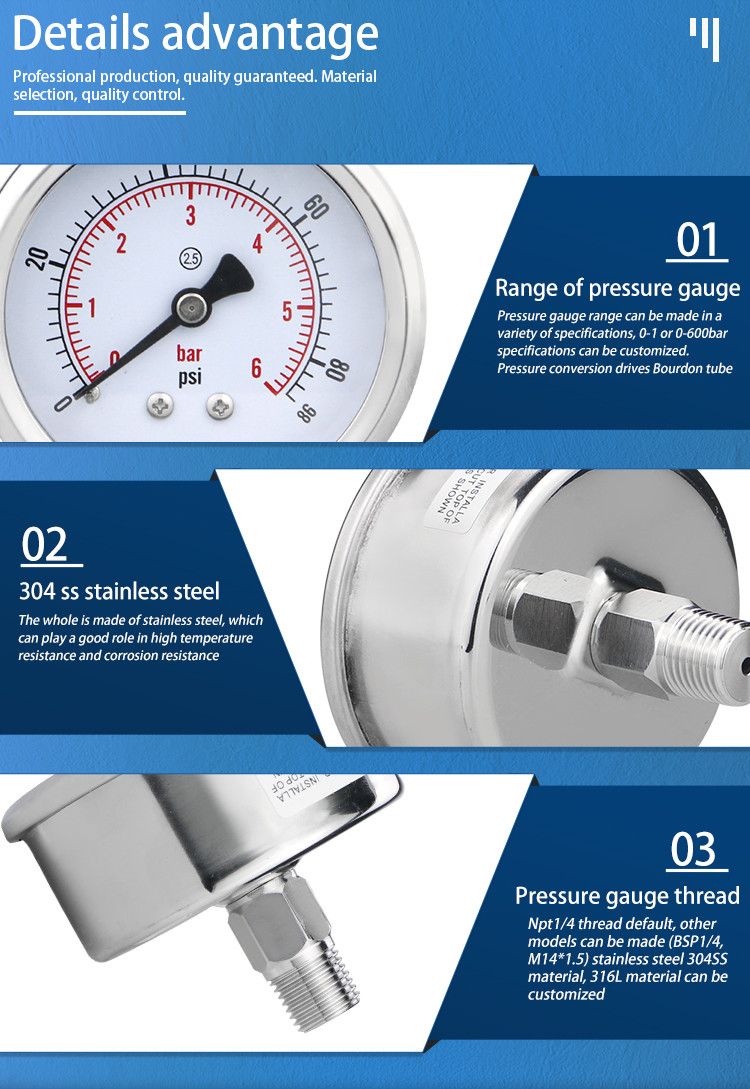 Y60ZBF 60mm Full 304ss Stainless Steel Pressure Gauge for OEM Air Pressure Monitoring