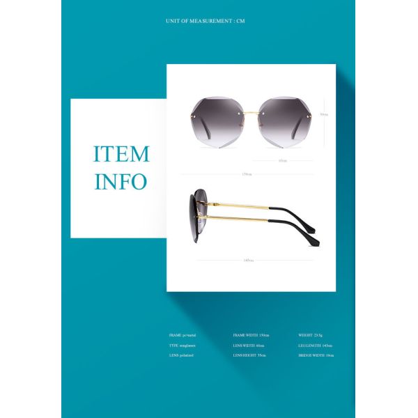 Colorful Gradient Lens Rivets Fashion Rimless Women Sunglasses