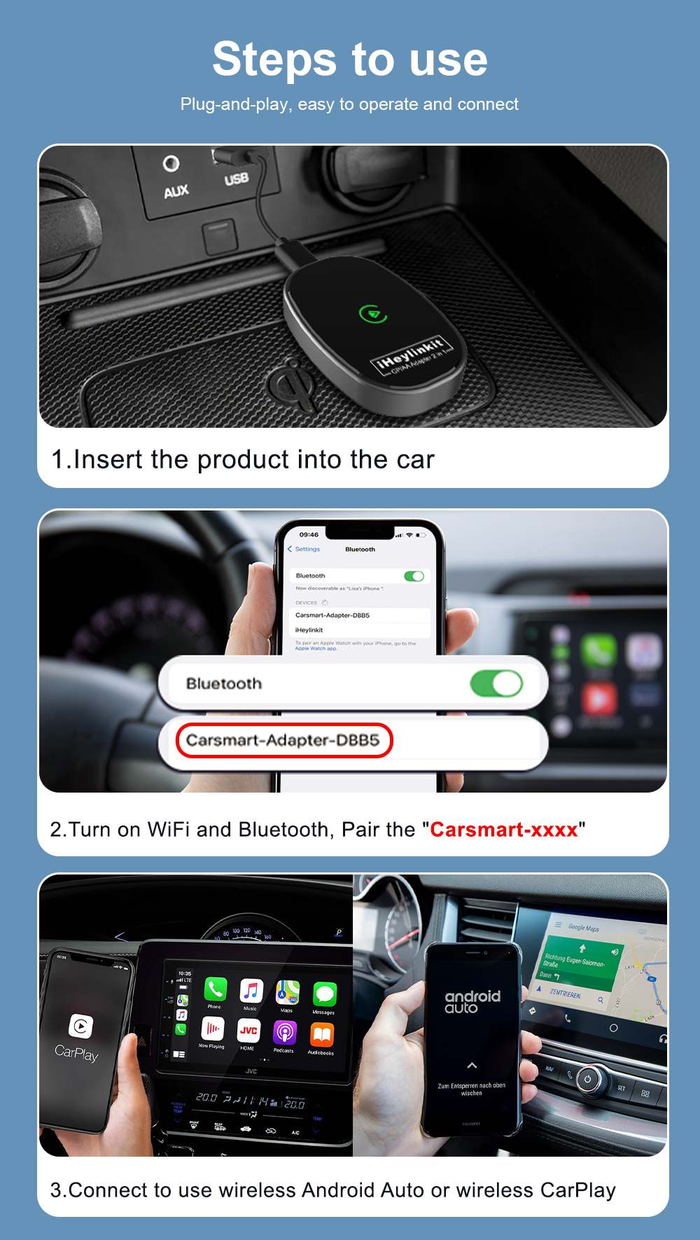 2-in-1 Portable CarPlay & Android Auto Dongle with Wired/Wireless Compatibility USB Plug and Play 1 Year Warranty