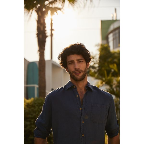 Linen Dark Blue Men Shirt Garment Dyed Loose Long Sleeves
